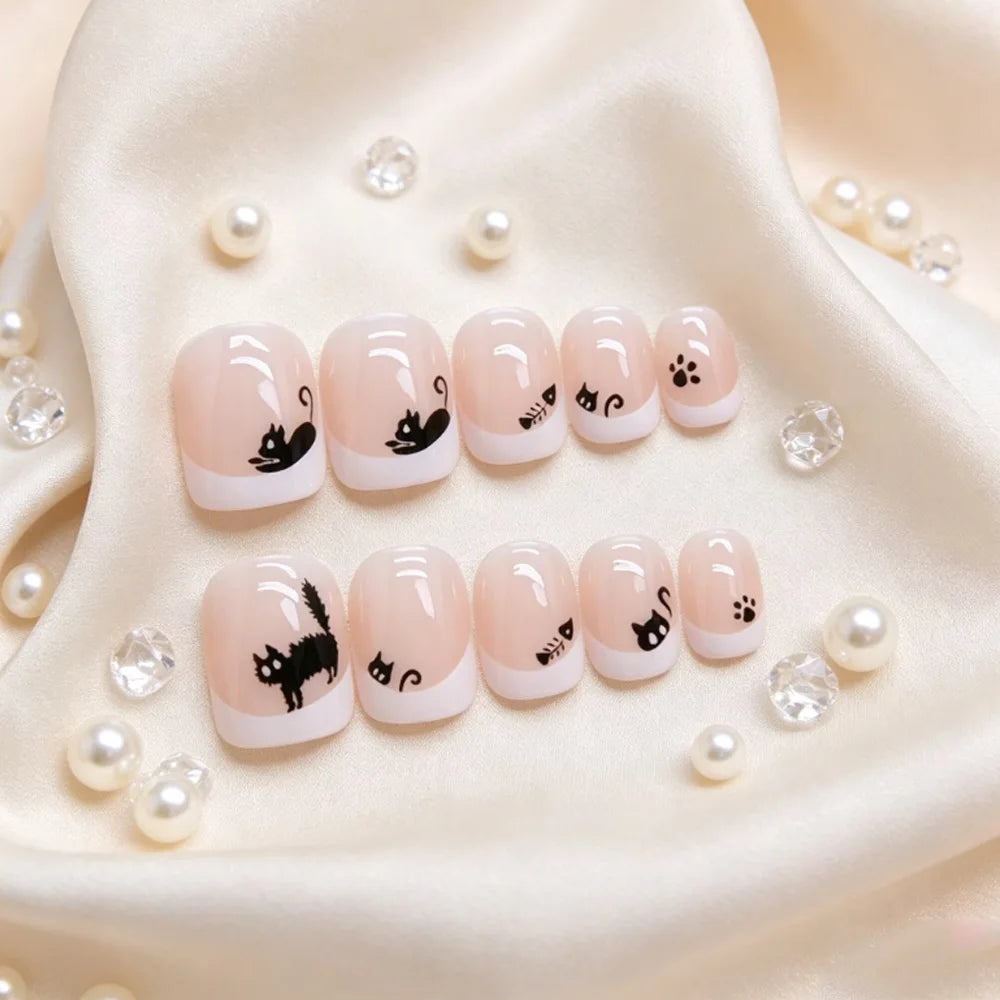 Short Square fake nails nude nail tips with french style white edge cartoon black cat print for halloween press on false nails