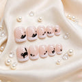 Short Square fake nails nude nail tips with french style white edge cartoon black cat print for halloween press on false nails