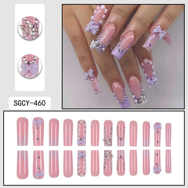 Purple French Bow & Butterfly Rhinestone Press-On Nails – Long Coffin, 24 Pcs