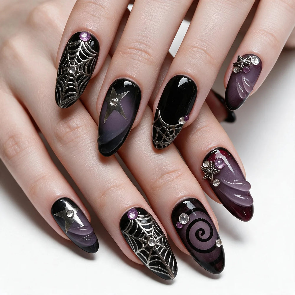 Black & Purple Spider Web Punk Press-On Nails – Almond, 24 Pcs
