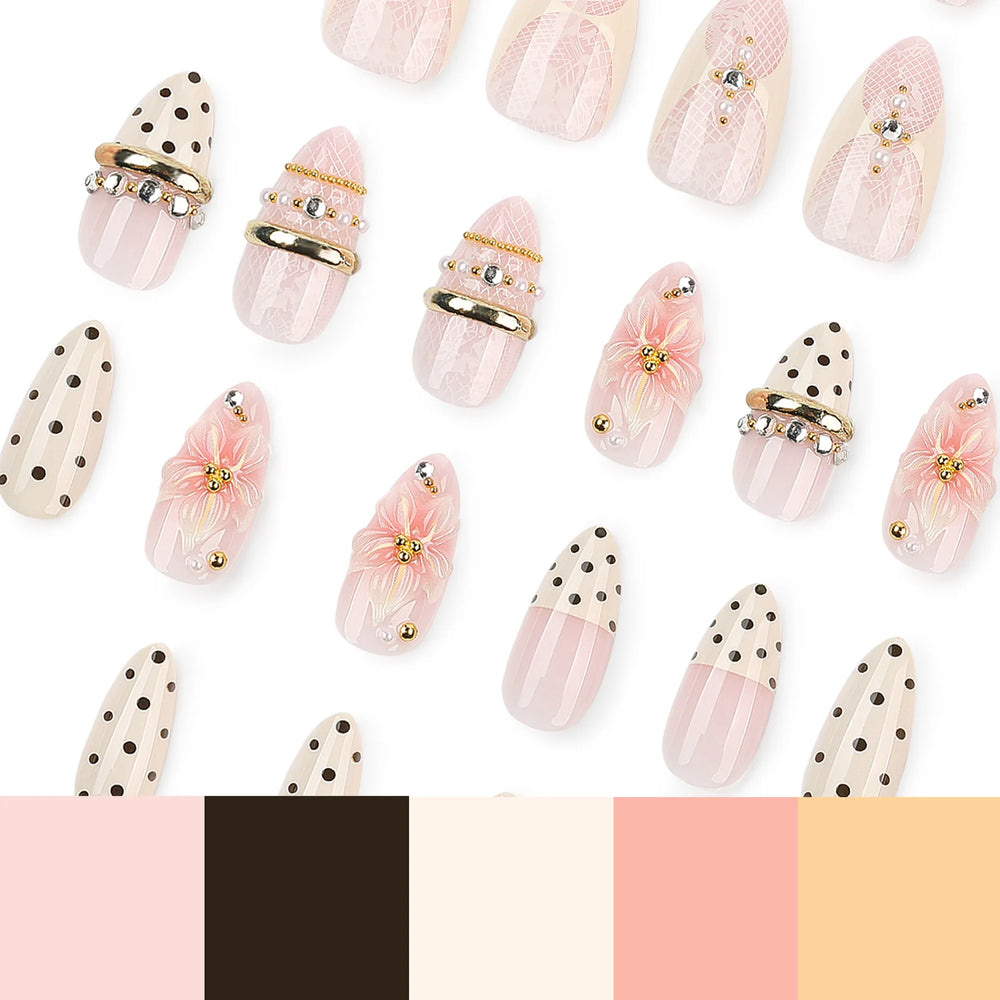 White Polka Dot 3D Flower Press-On Nails – Ballet Almond, 24 Pcs