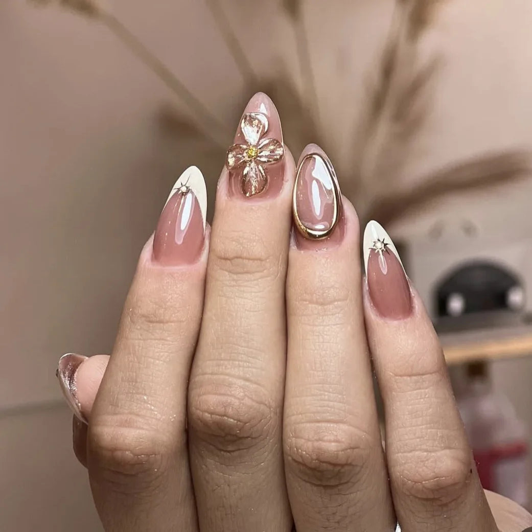 Medium fake nails for women girls 3D embossed flowers golden frame meal beads pink brown yellow almond square tips press on nail