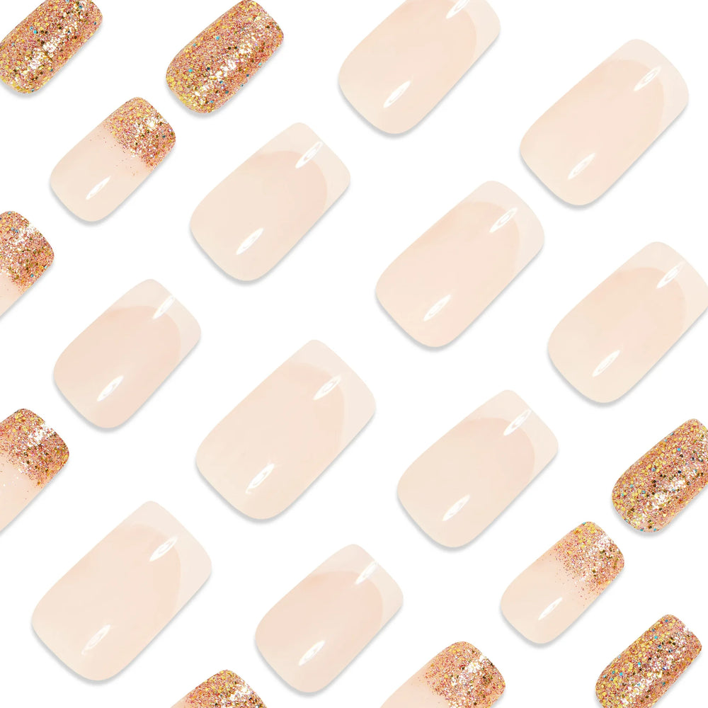 Nude White Brown Gradient Glitter French Press-On Nails – Short Square