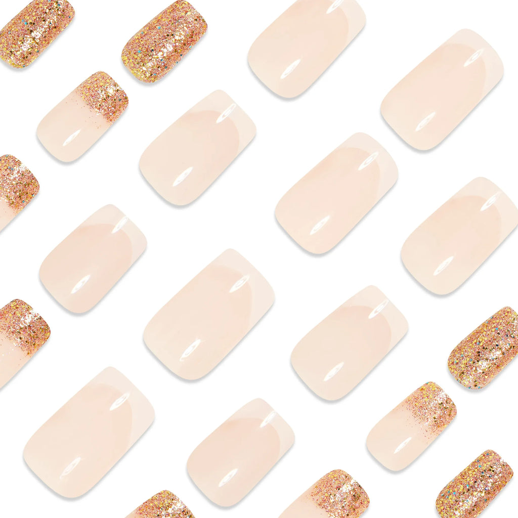 Short Square fake nails for women gradient nude white brown french style with sparkling glitters full cover press on false nail