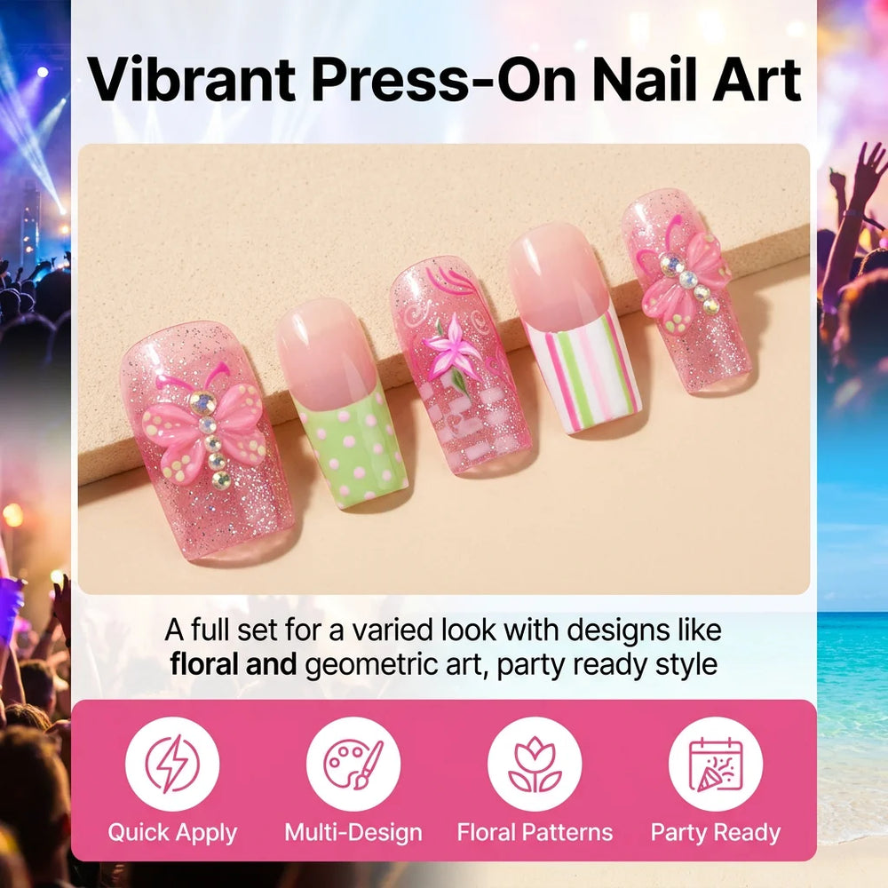 Pink Glitter Star & Bow Press-On Nails – Long Square, 24 Pcs