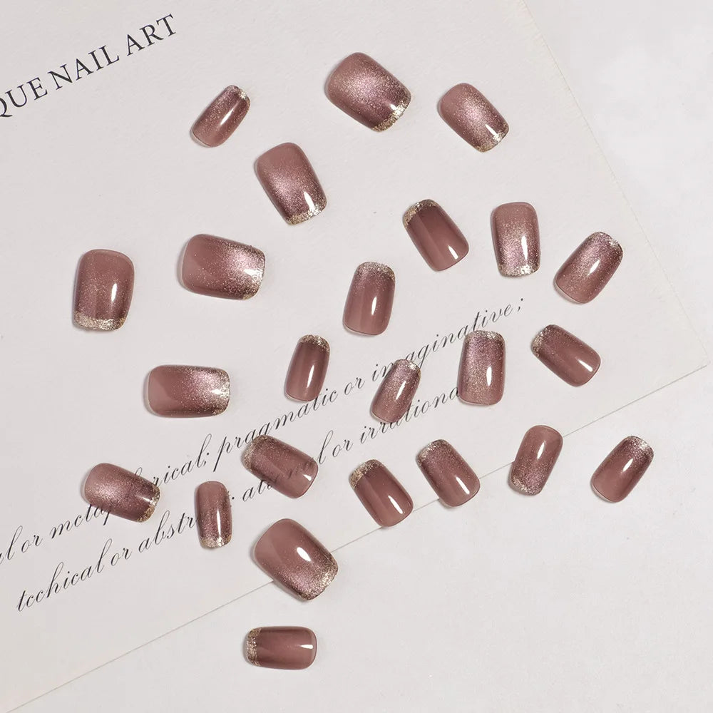 Short Square fake nails for women girls nude coffee cat eyes nail tips with golden glitter edge full cover press on false nails