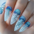24pcs/set Medium Long Fake Nails for Summer Gradient Blue Ocean Jellyfish Water Plan Fish Cute Square Tips Press On False Nail