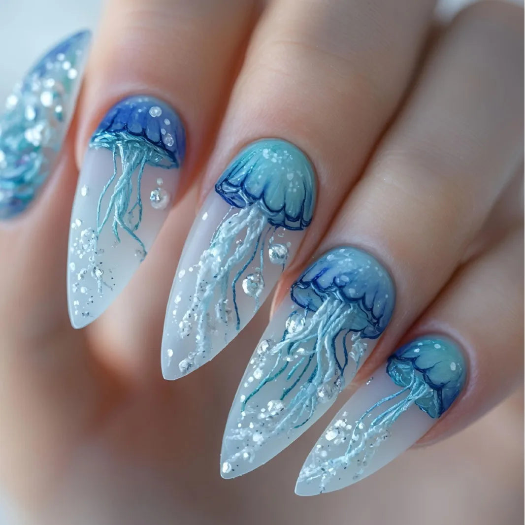 24pcs/set Medium Long Fake Nails for Summer Gradient Blue Ocean Jellyfish Water Plan Fish Cute Square Tips Press On False Nail