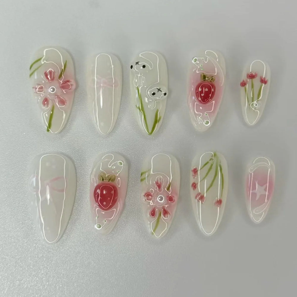Gold Pink 3D Flower & Pearl Press-On Nails – Almond, 24 Pcs