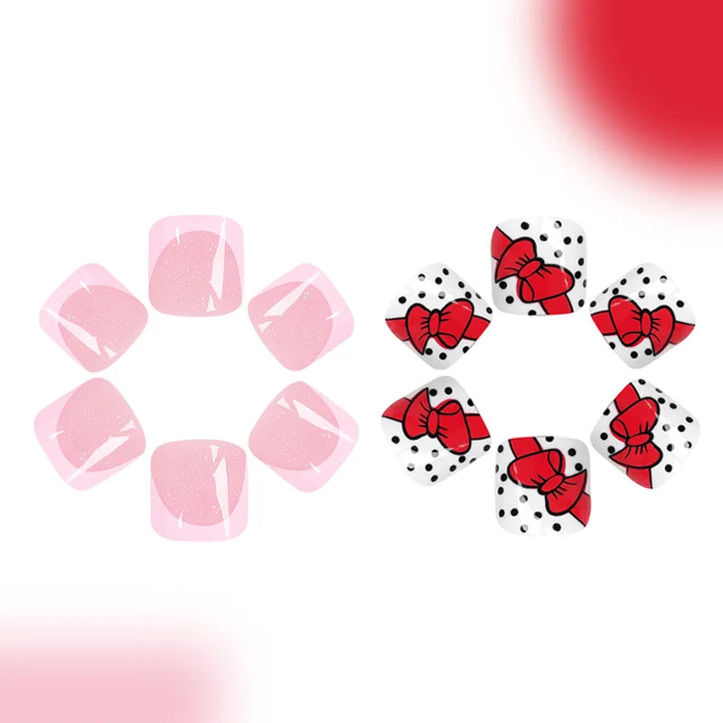 48pcs/set fake nails for toenail cute french style bow polka dots and nude pink square nail tips full cover press on false nail