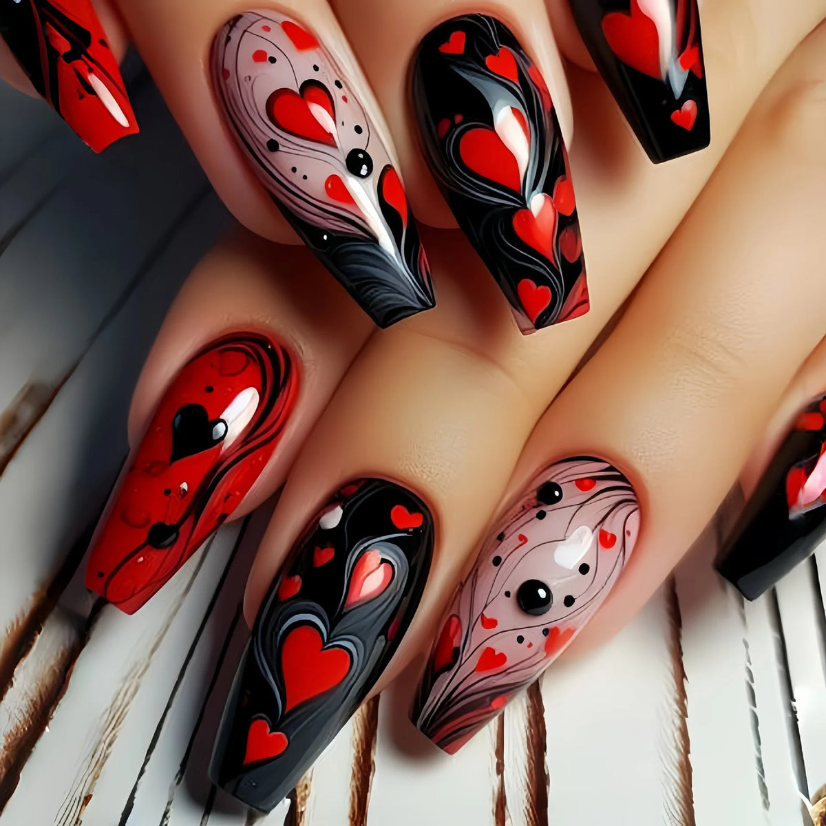 24pcs Long fake nails for women Y2K gradient blue pink flowers cloud red black heart design full cover acrylic press on nails