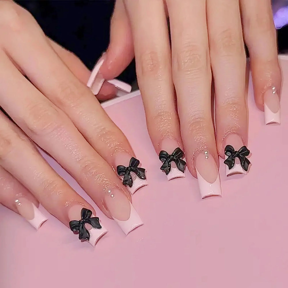 Nude Pink 3D Bow French Press-On Nails – Long Square, 24 Pcs
