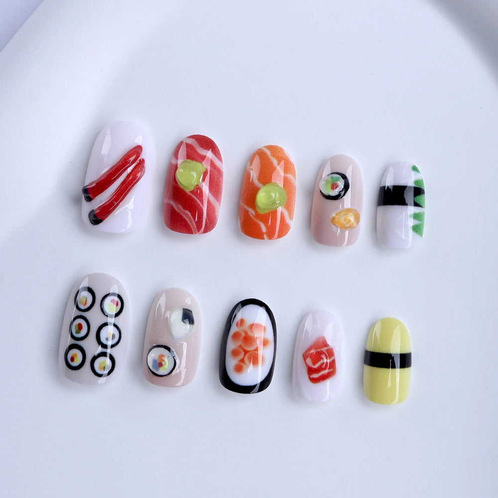Cute Sushi Cartoon Press-On Nails – Short Oval, 24 Pcs