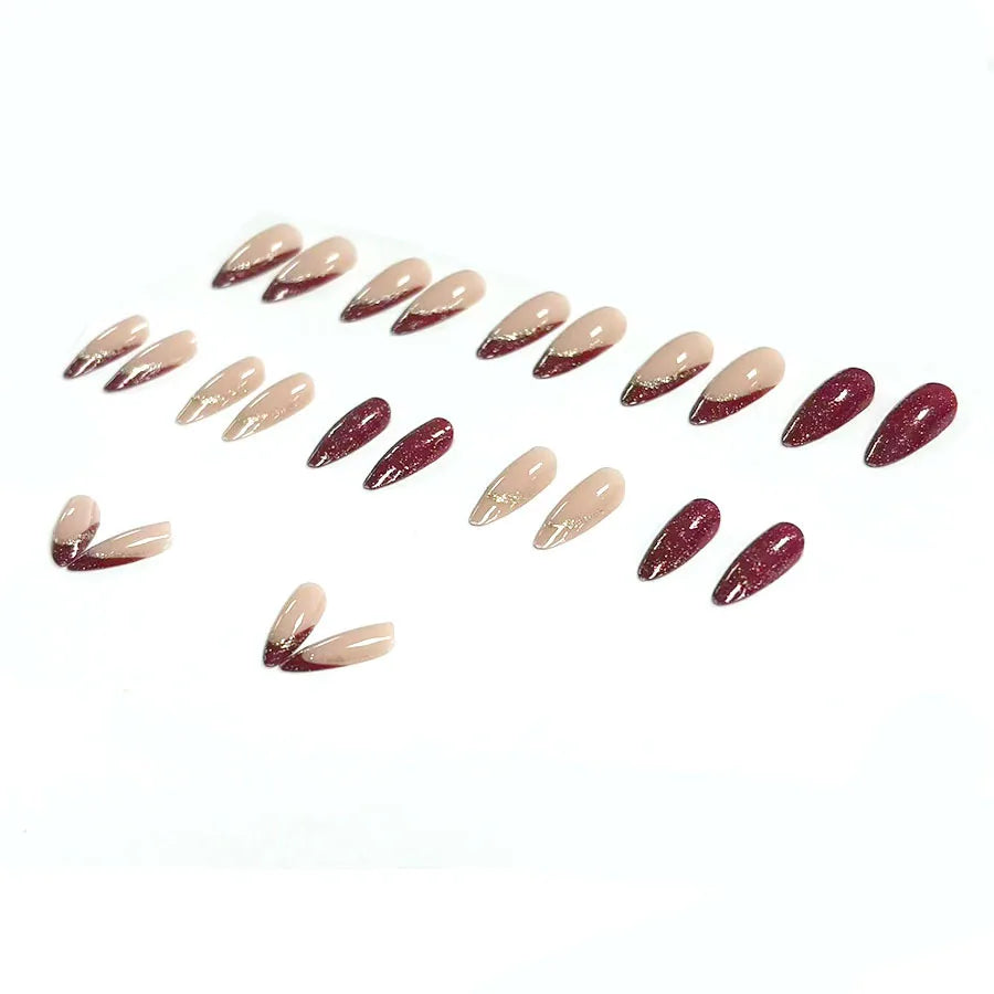 24pcs/set Medium fake nails for women girls almond nail art tips nude red french style golden strips press on false nail art
