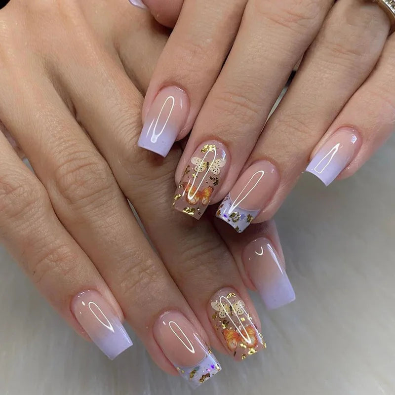 Short Medium fake nails for women girls Gradient purple pink blue flame Desert Sunset Cactus Y2K Square tips press on false nail
