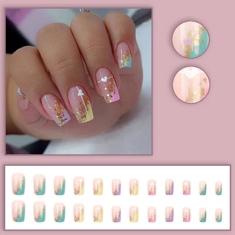 Medium fake nail for women girls Y2K Pink green yellow black Square tips with cute heart for Valentine's Day press on false nail