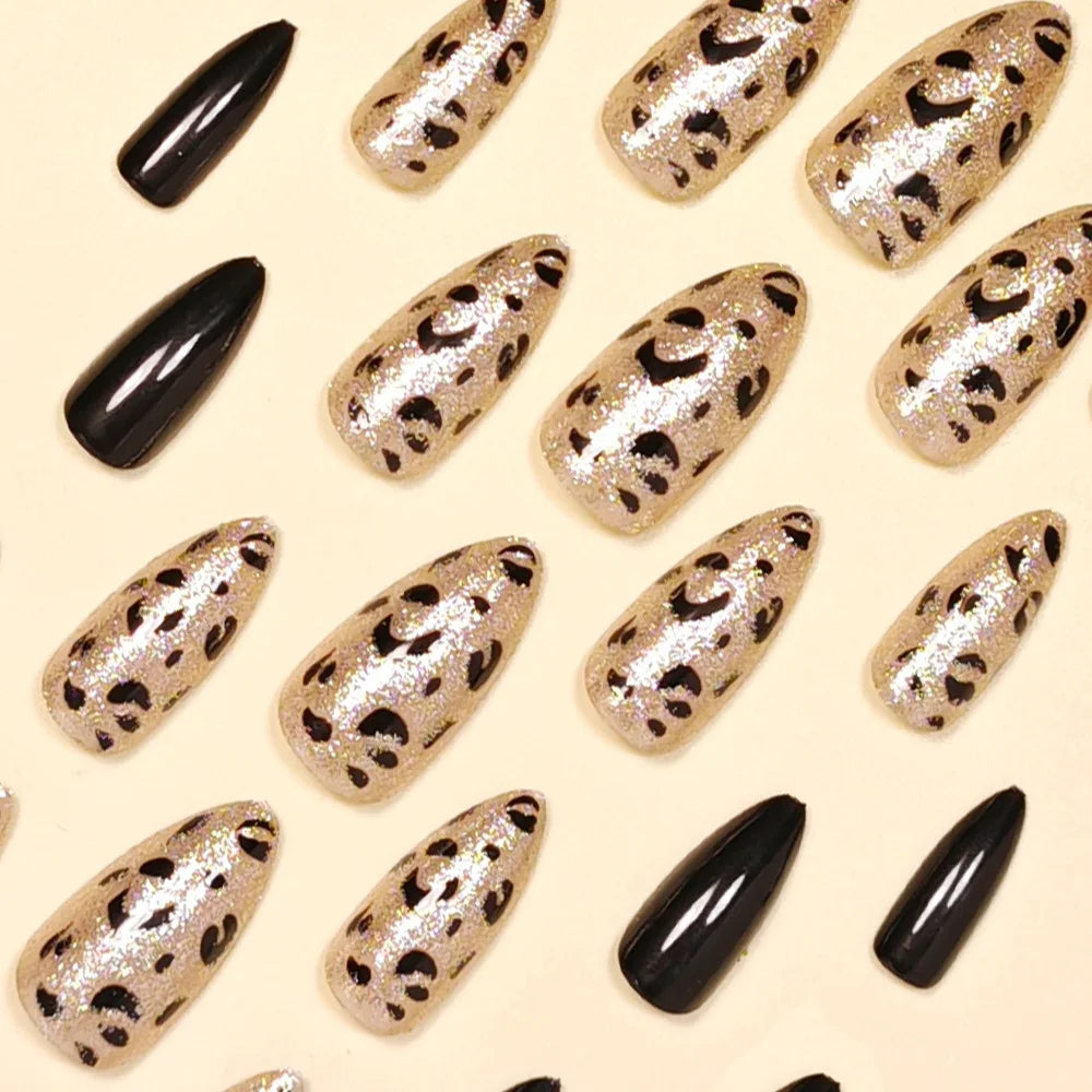 24pcs/set Almond fake nails for women gilrs black brown leopard printing with glitter design full cover manicure press on nail