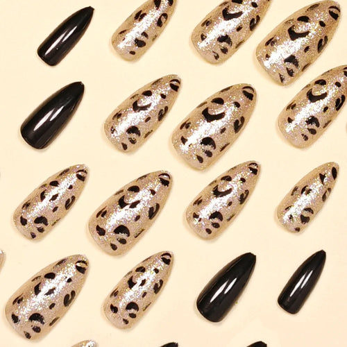 24pcs/set Almond fake nails for women gilrs black brown leopard printing with glitter design full cover manicure press on nail