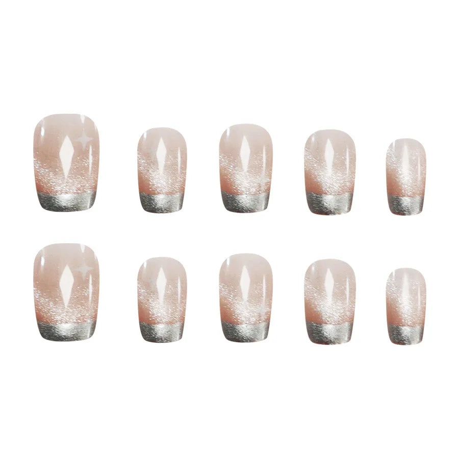 Short fake nails for women gilrs french style glossy shimmer cat eyes with golden silver edge frame full cover press on nails