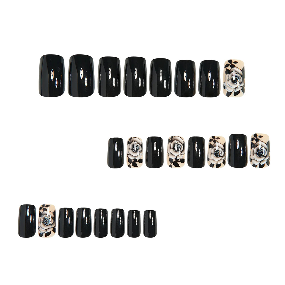 Black Red Rose Valentine's Press-On Nails – Medium Long Square Waterdrop