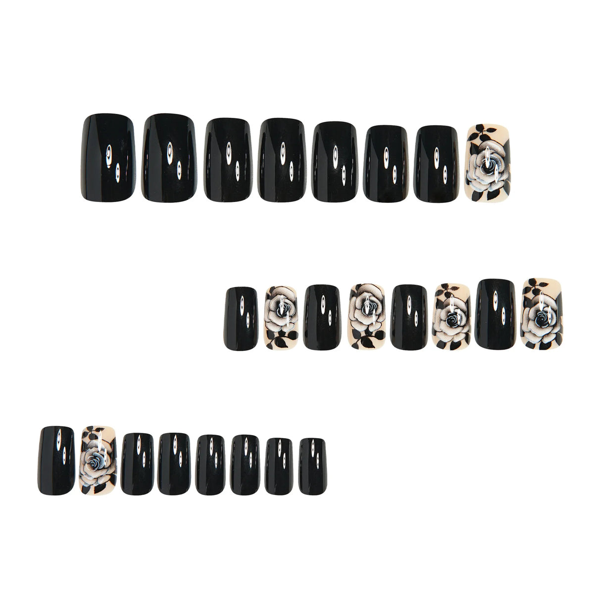 Medium long fake nails for women girls black red pink rose flowers for Valentine's Day square waterdrop shape press on nail art