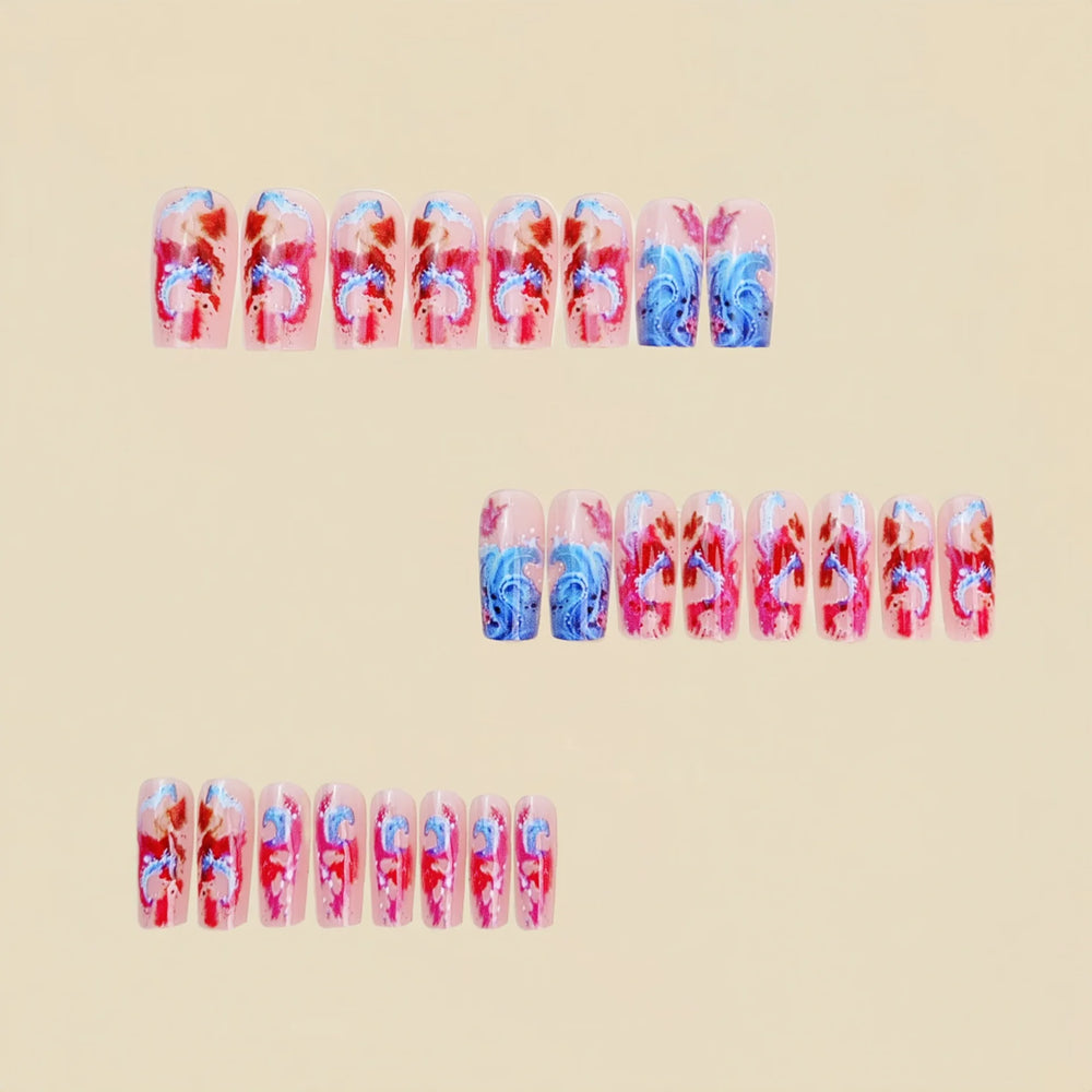 Pink & Blue Ocean Wave Press-On Nails – Medium Square