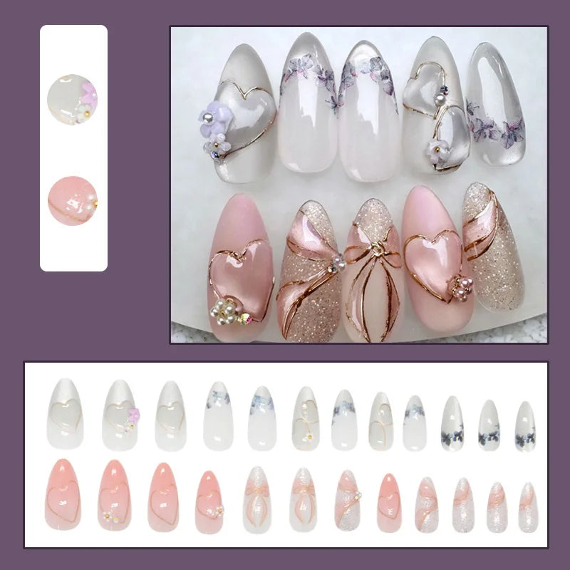 24pcs/set Medium fake nails for women girls gradient pink blue flowers heart glossy glass cat eyes full cover press on nails