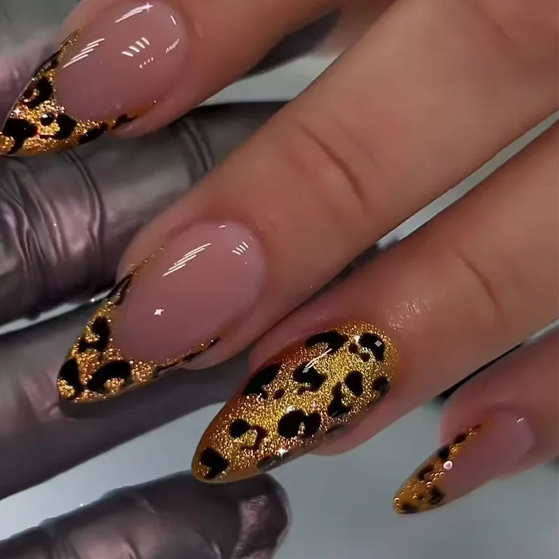 24pcs/set Medium long fake nails for women girls summer autumn Y2K leopard flowers Square ballet tips press on false nail art