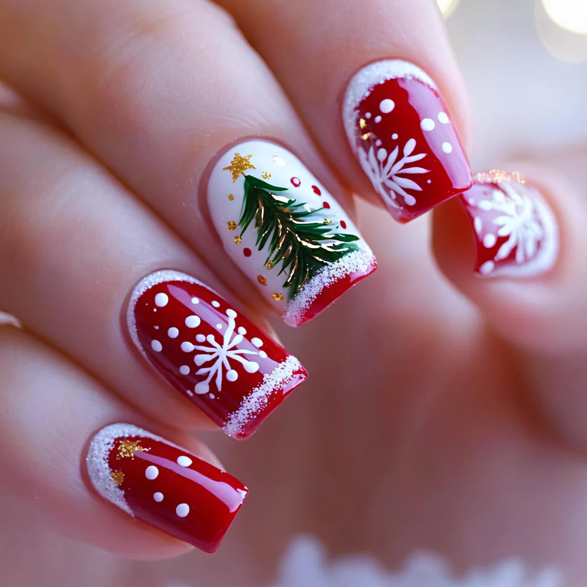 Medium long fake nails for Chirstmas party Square almond tips christmas tree snowflake gift snowman press on false nail art set