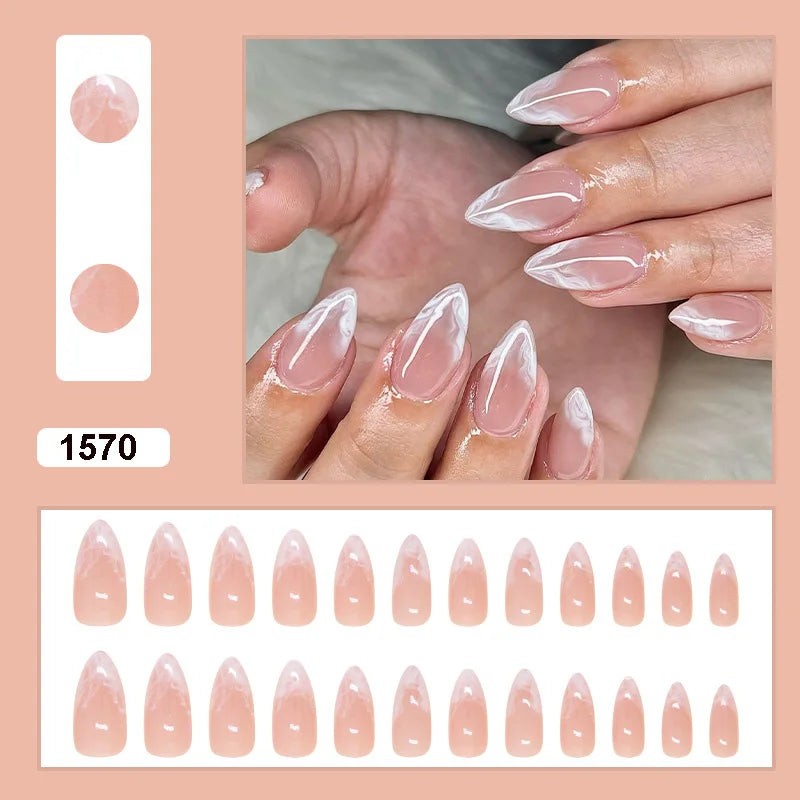 Medium fake nails for women girls Nude white Almond nail tips french style full cover reusable press on false nail art set