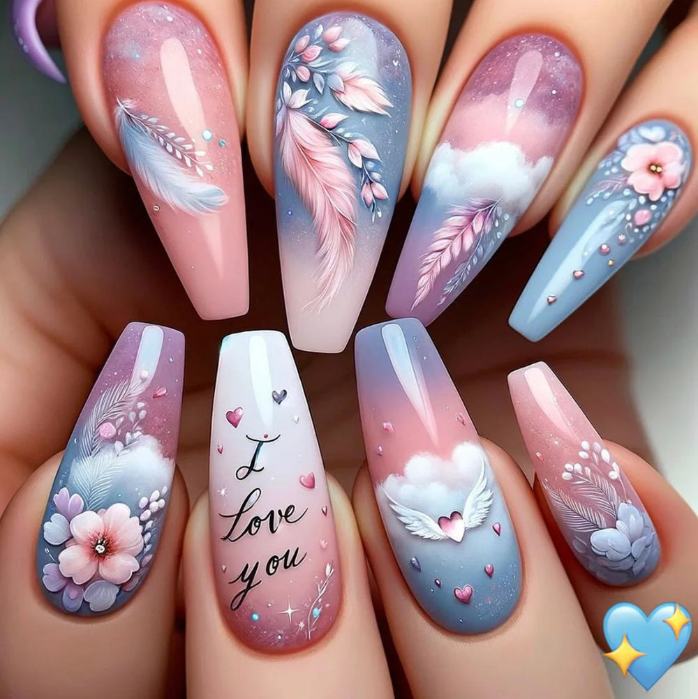 Y2K Blue Pink Flower Cloud & Heart Press-On Nails – Long, 24 Pcs