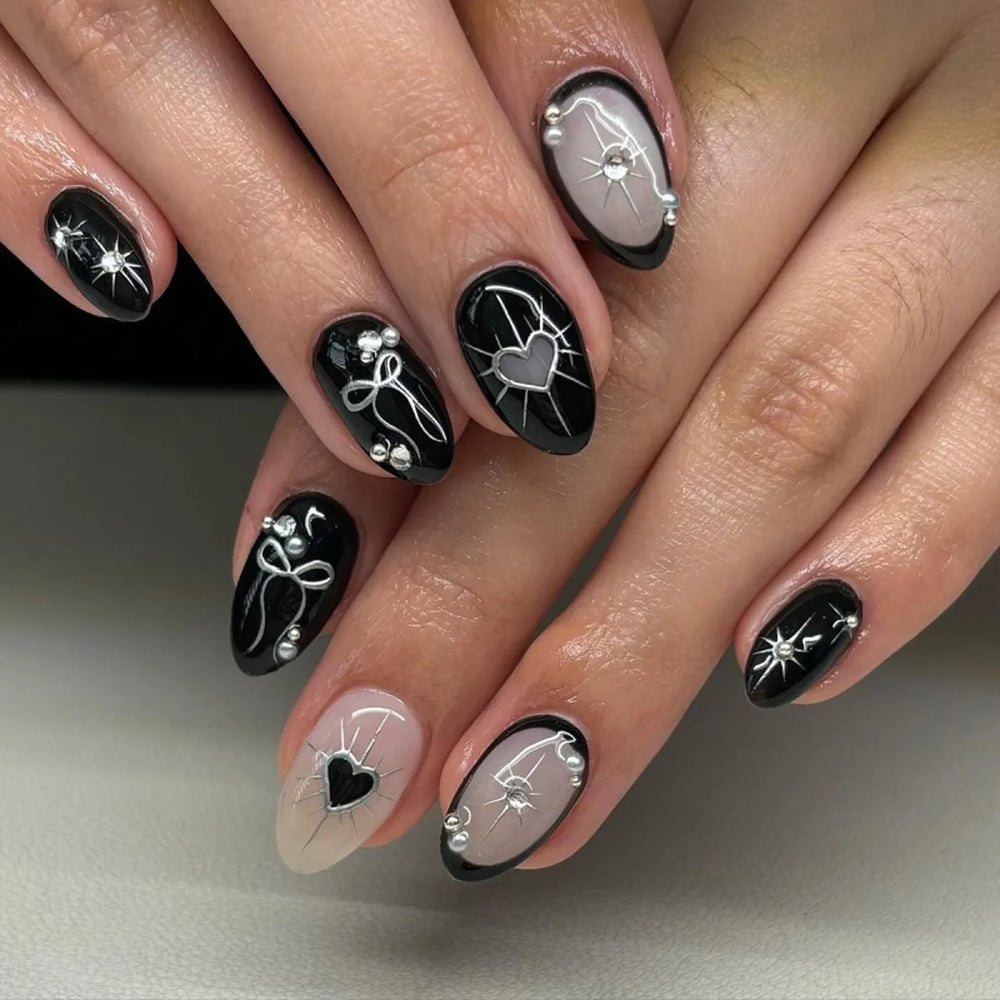 Gothic Black Silver Heart & Bow Press-On Nails – Short Almond, 24 Pcs