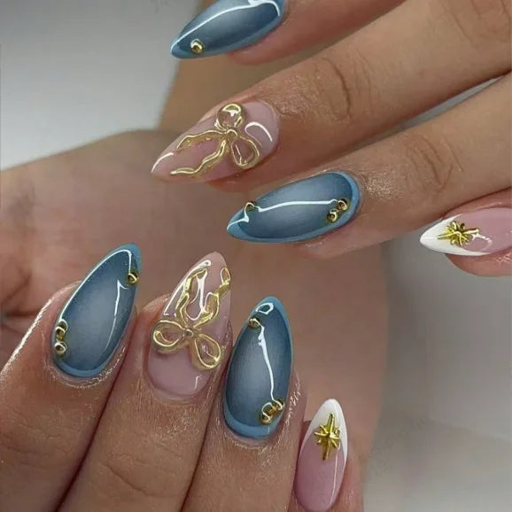 3D Fake Nails Gradient Pink Purple Green Blue Orange Embossed Flowers Fruit Metallic Rhinestones Medium Tips Press On False Nail
