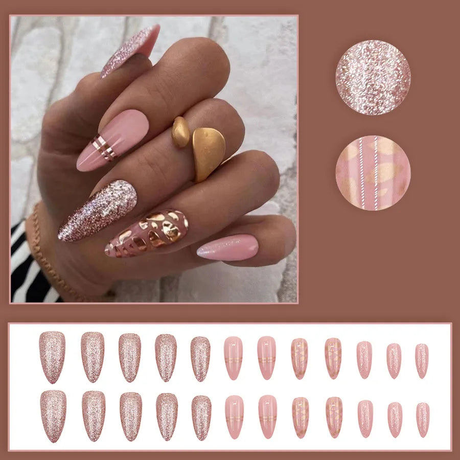 Medium fake nails for women gilr Nude pink almond nail tips with sparkling glitters french strips full cover press on false nail