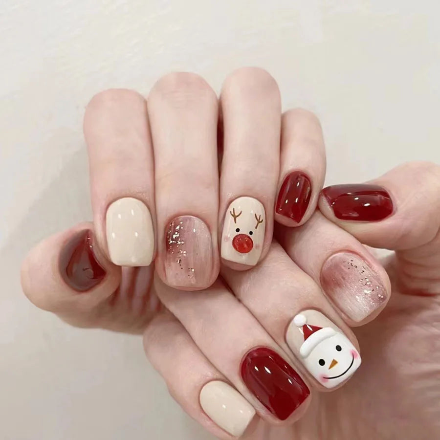 Medium Square almond fake nails for Christmas party Winter forest snowflakes Santa Claus Santa Claus design press on false nail