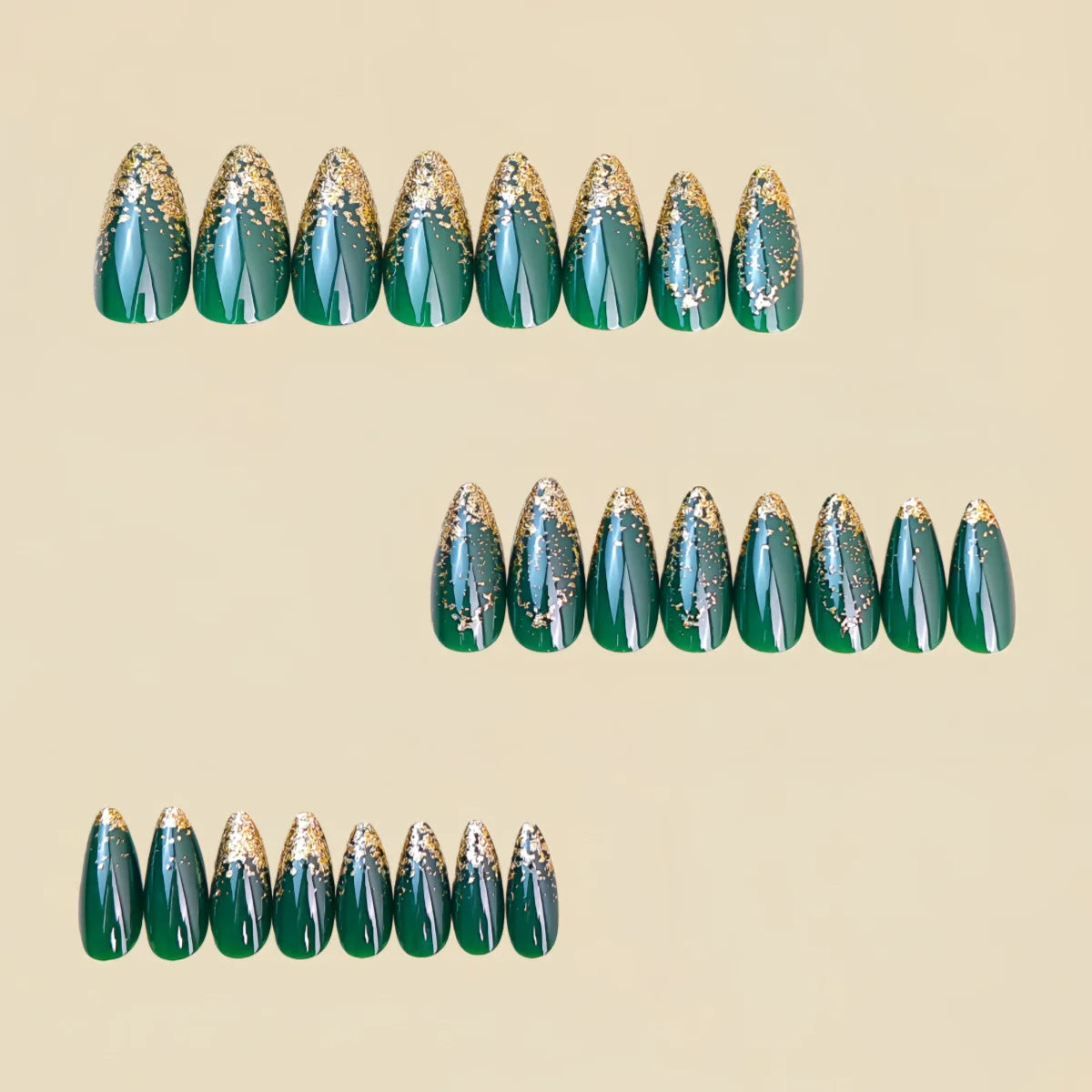 Medium fake nails for women girls full cover green nude nail tips with sparkling glitter square almond shape press on false nail