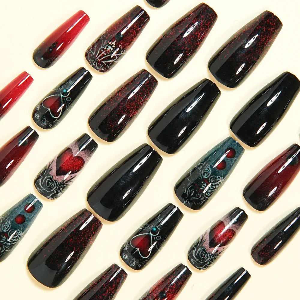 Medium fake nail for women gradient black red heart design for Valentine's Day ballet almond tips press on false nail art set