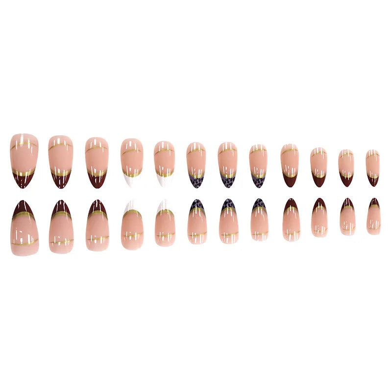 Medium fake nails for women girls nude almond nail tips with green brown leopard print french style golden strips press on nails
