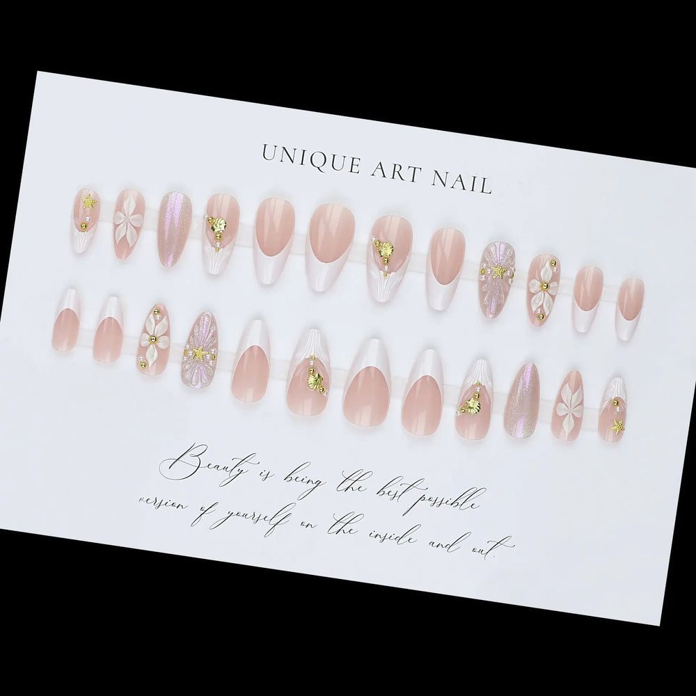 Nude White French Almond Press-On Nails with Flowers & Rhinestones – Medium
