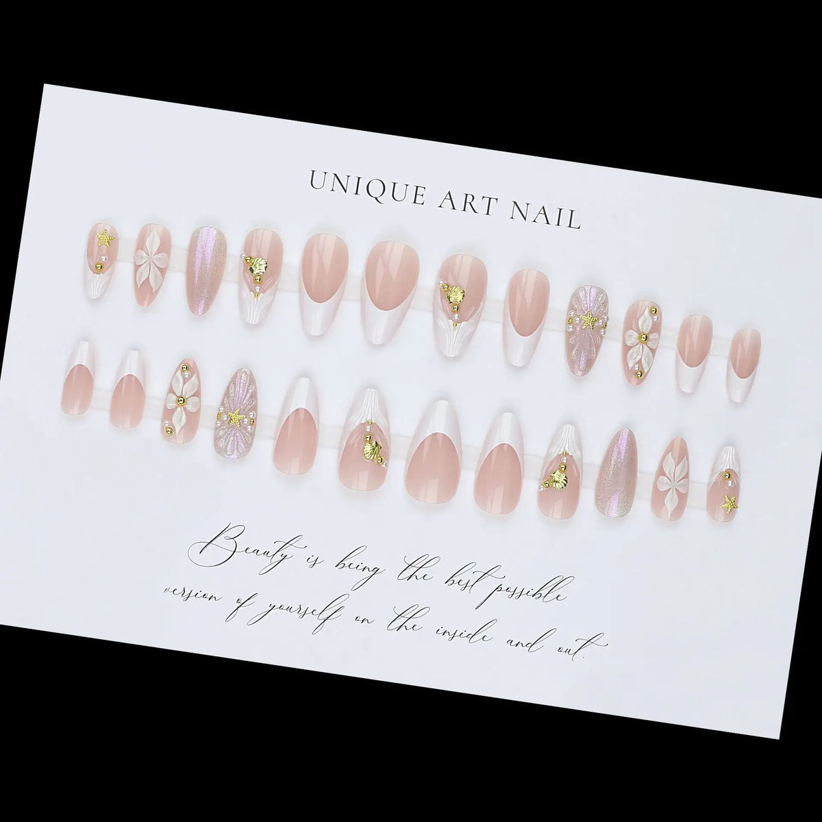 Medium fake nails for women french style Nude white almond nail tips with flowers rhinestones full cover reusable press on nails