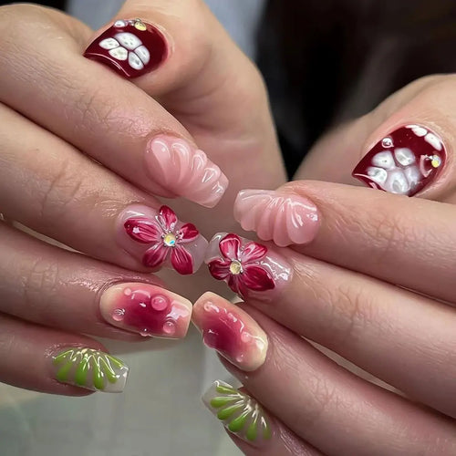 24pcs/set 3D fake nails for women girls embossed flowers pearl rhinestones design Medium almond tips press on false nail art