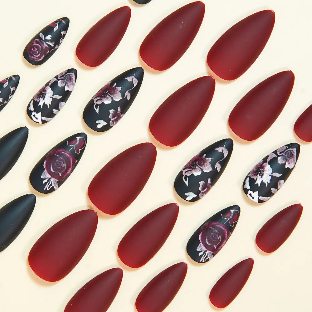 Medium long fake nails for women girls Pink red black flowers for Valentine's Day full cover almond ballet tips press on nail