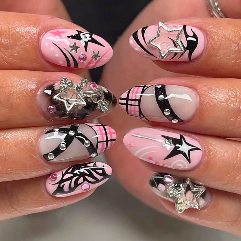 Pink Glossy Y2K Metal Star French Press-On Nails – Almond, 24 Pcs
