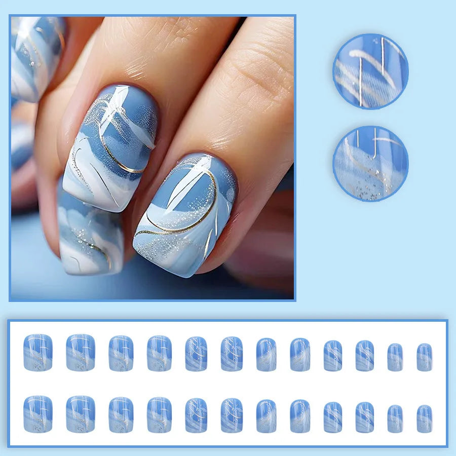Short fake nails for women girls Gradient blue purple with silver stirps glossy square nail tips fill cover press on false nail