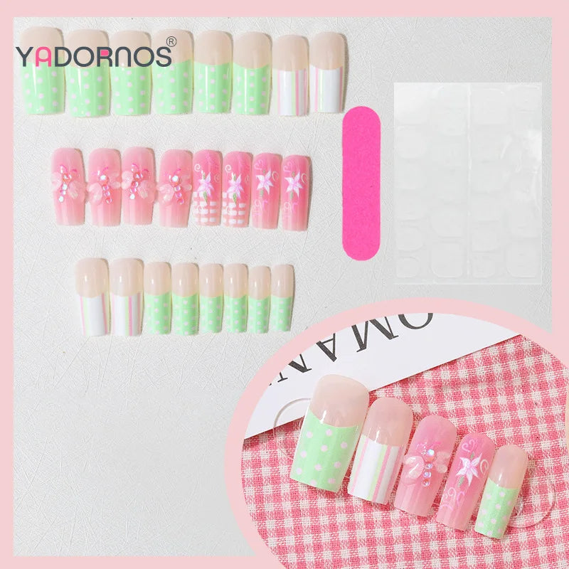 Pink Glitter Star & Bow Press-On Nails – Long Square, 24 Pcs
