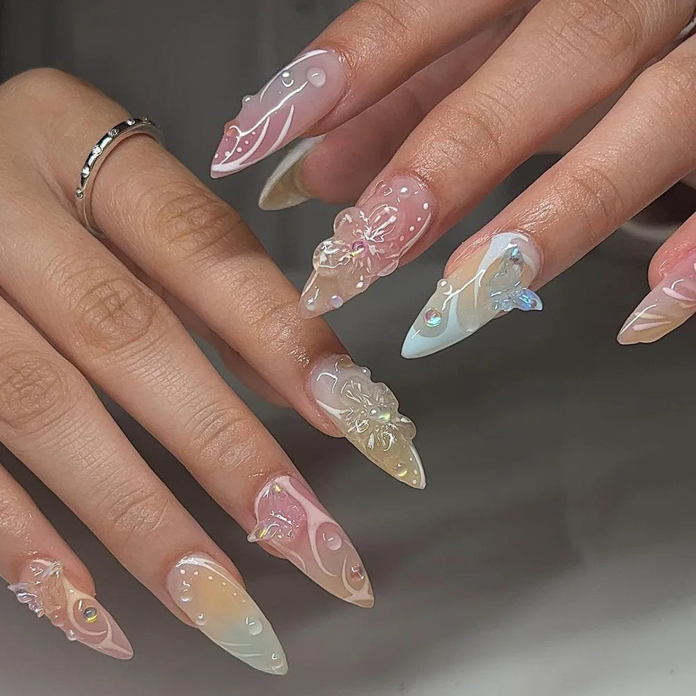 Hawaiian Tropical Flower Press-On Nails – Long Stiletto, 24 Pcs