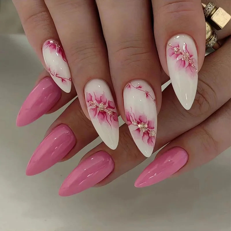 Short Medium fake nails pink peach flowers with sparkling glitters for Spring summer Square almond tips press on false nail art