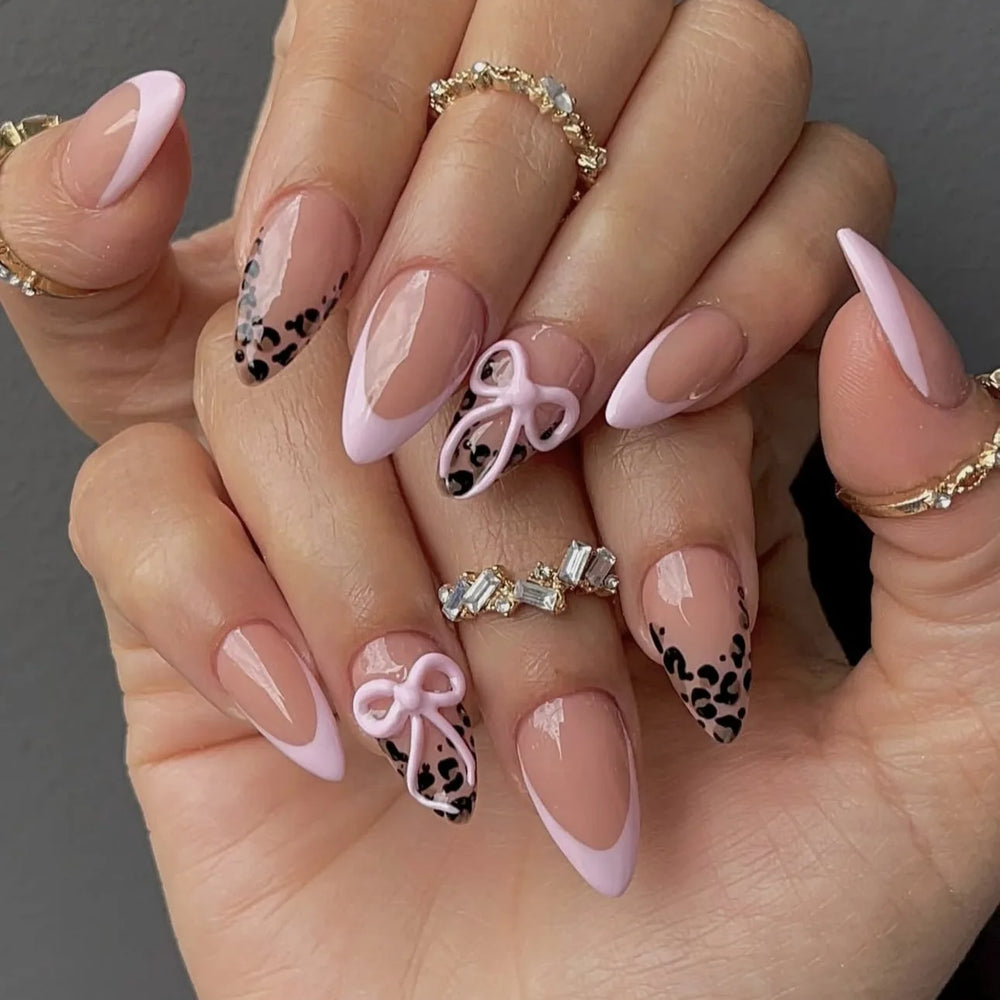 3D Gold Frame Flower Pearl Bow Almond Press-On Nails – Pink Red Gradient