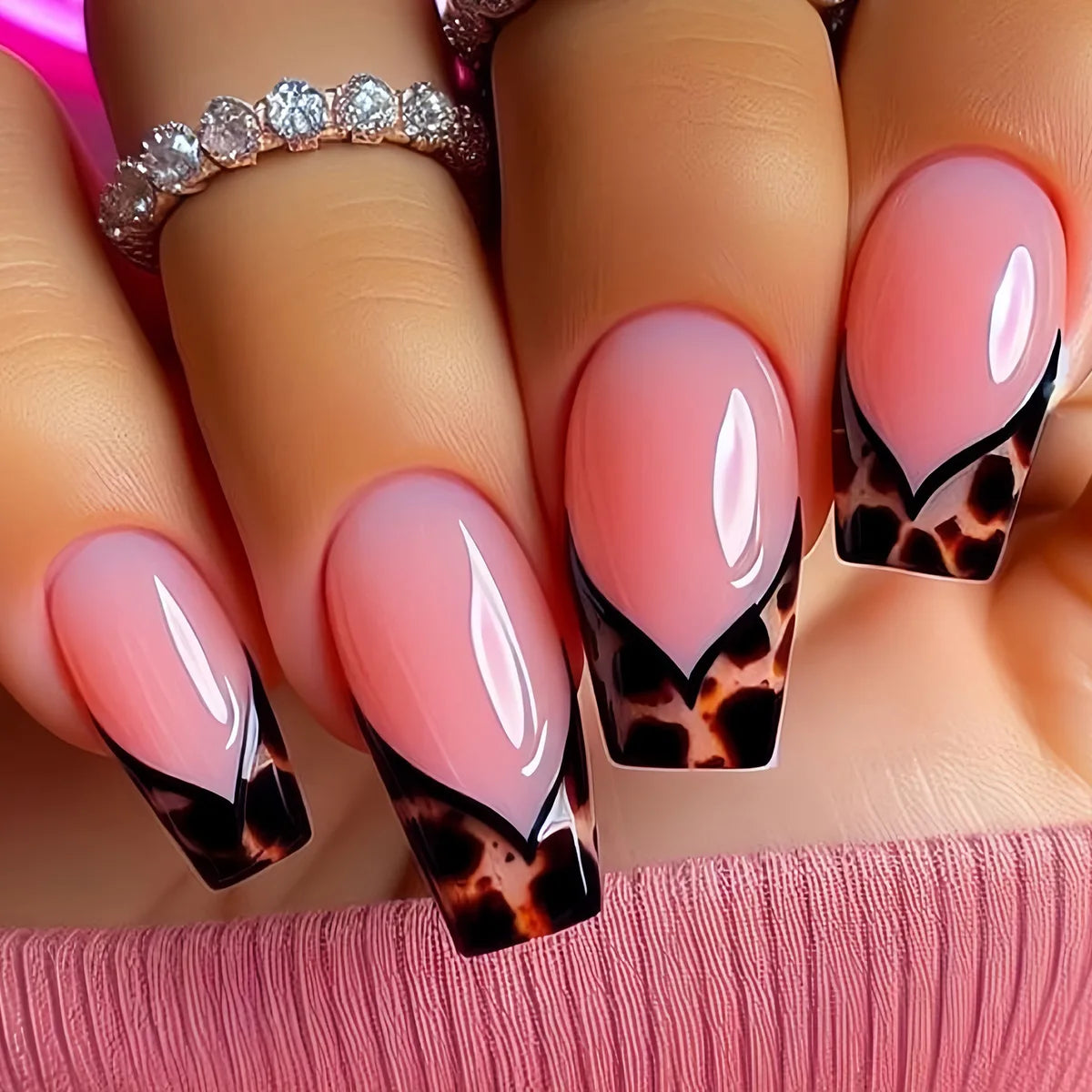 24pcs/set Medium Long Fake Nails for Summer Autumn Winter Leopard Print Y2K Gradient Square Ballet Tips Press On False Nails