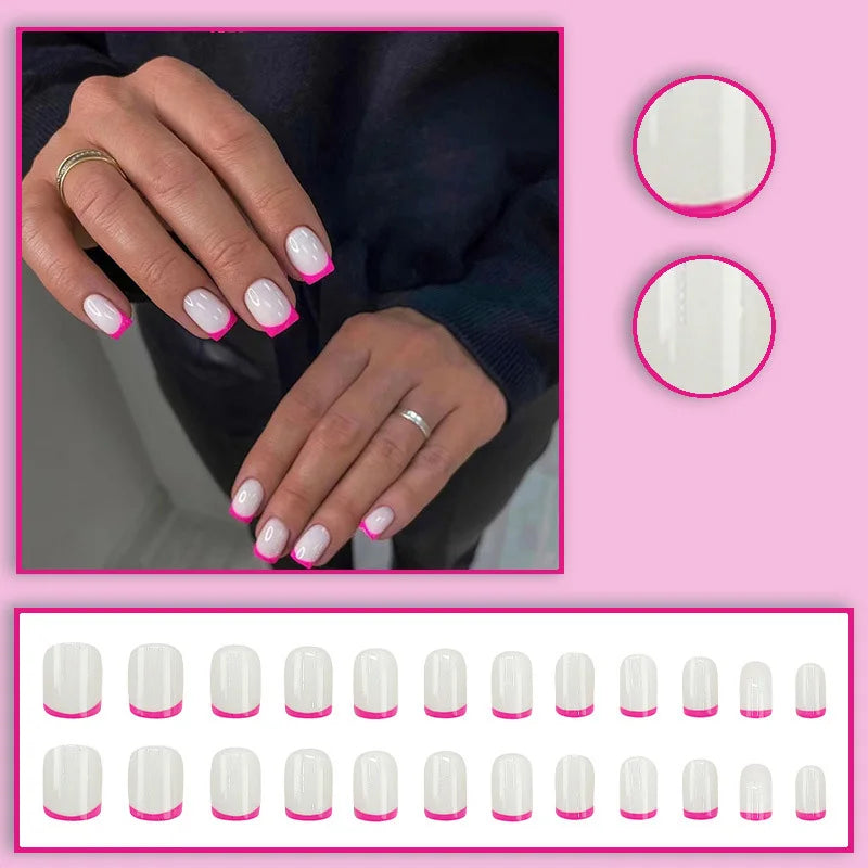 Short Medium fake nails for women gilr light pink white rose french Square nail tips full cover press on acrylic false nail art